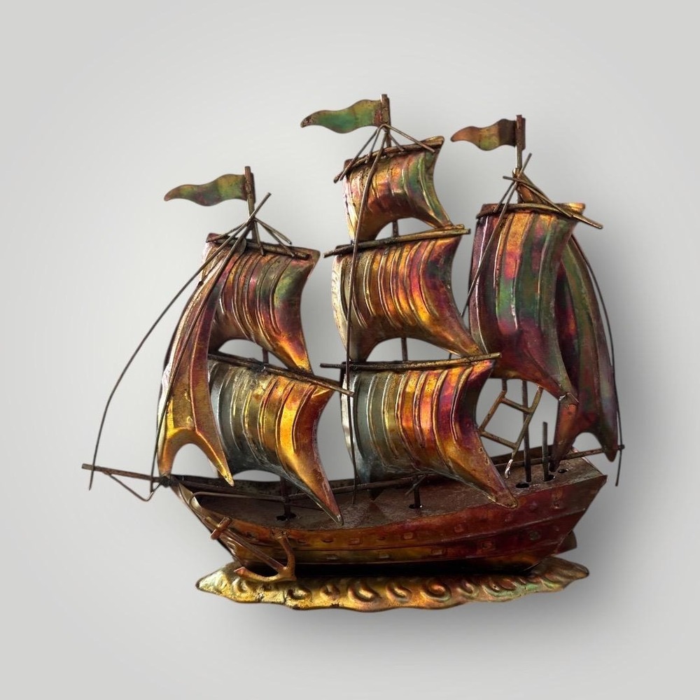 Vintage Tin Steam Sail Boat Ship Rainbow Toned Metal Display Model Decorative